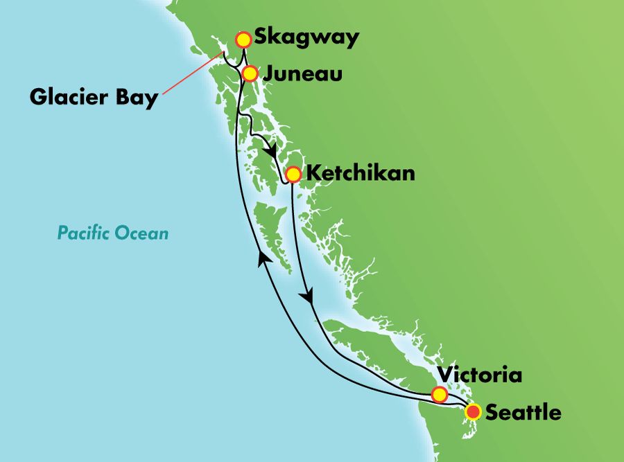 7-day Cruise to Alaska: Dawes Glacier, Juneau & Ketchikan from Seattle, Washington on Norwegian Bliss Itinerary Map